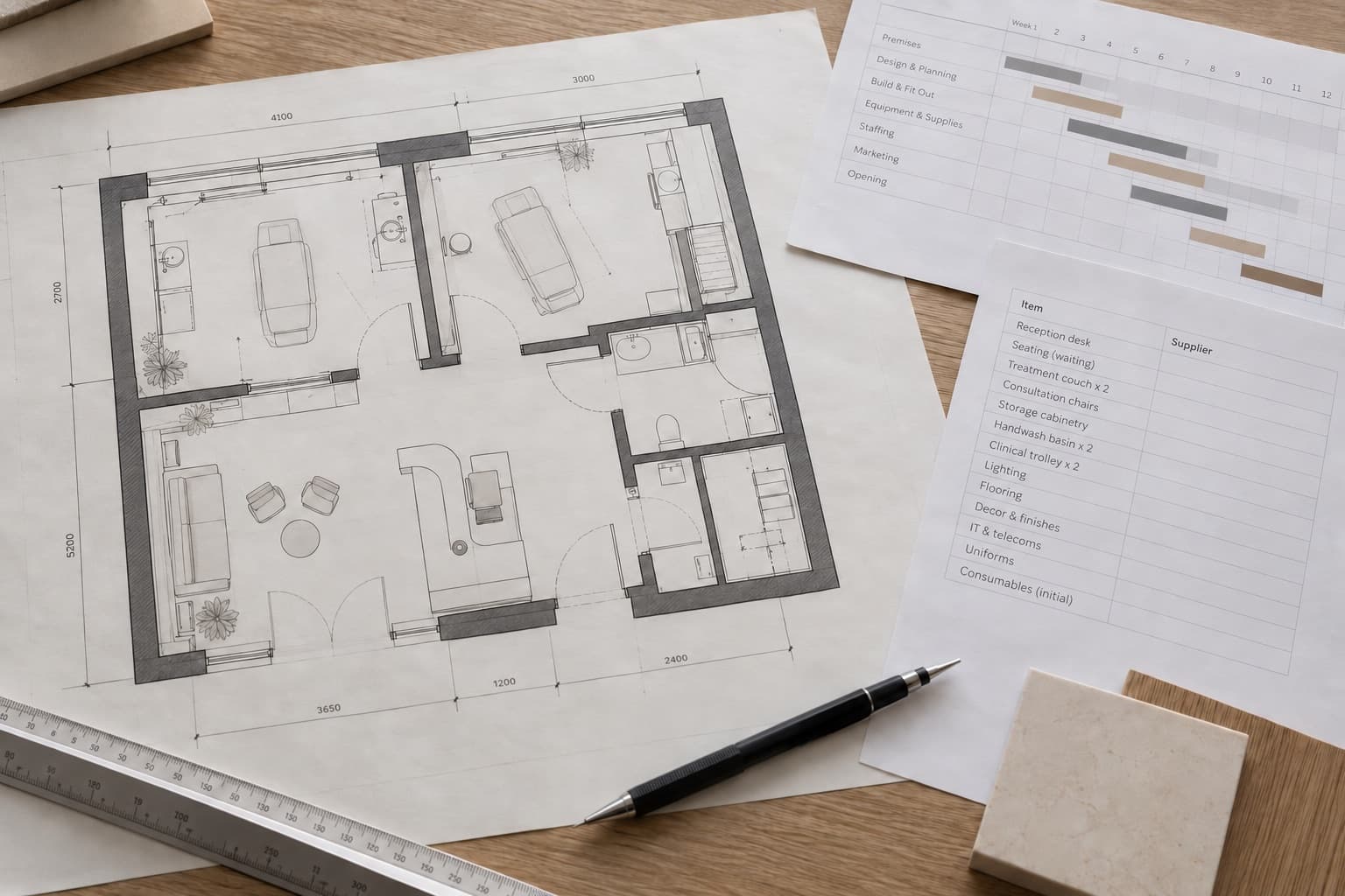 A clinic floor plan, project timeline and equipment list laid out on a desk during the planning stage